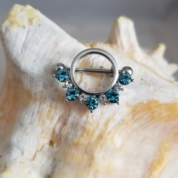 14G Surgical Steel Blueand Clear Half Circle CZ Gem Nipple Shield piercing jewel - Picture 2 of 4